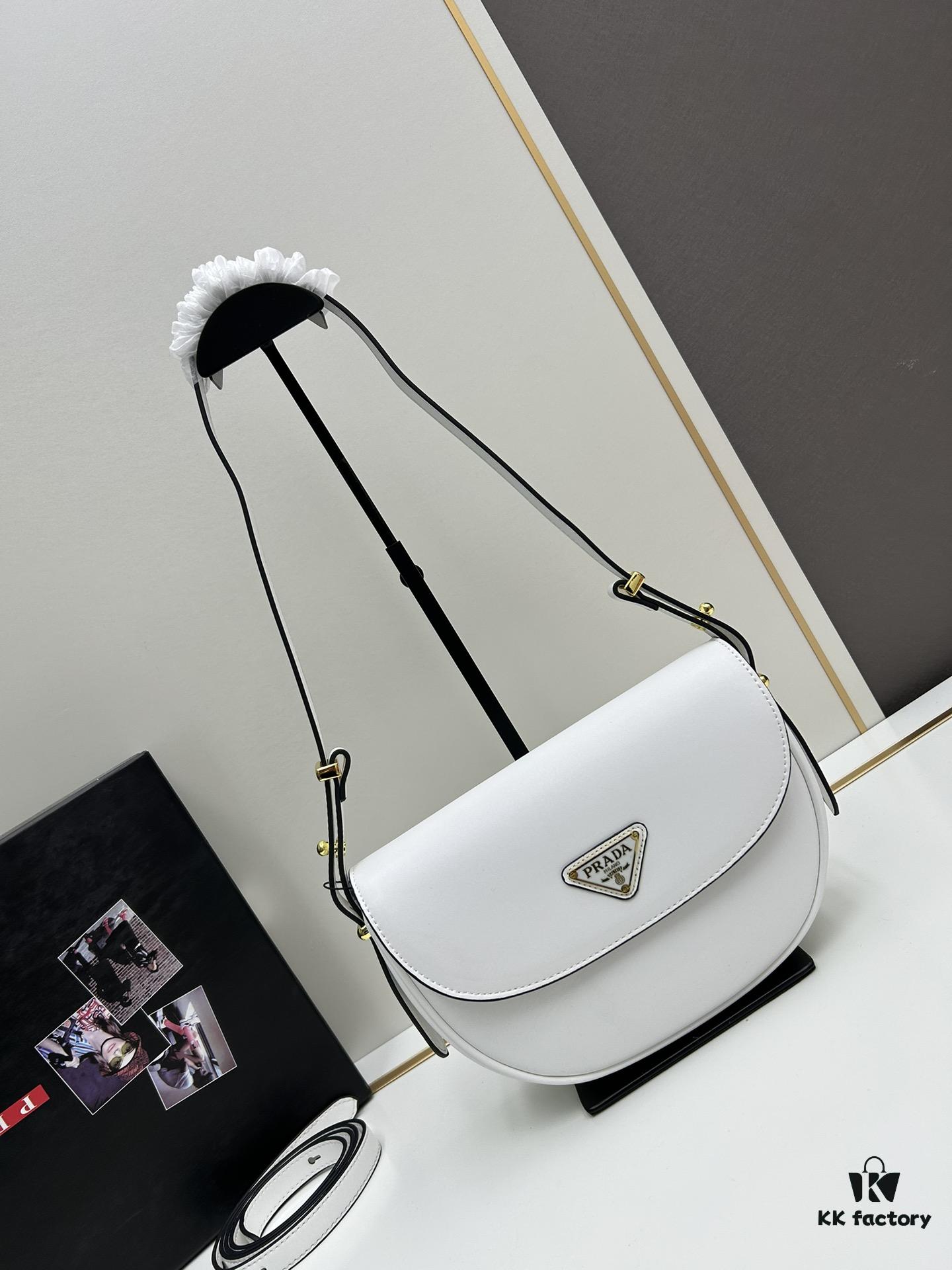 Prada Classic Leather Crossbody Bag with Metal Logo for Women, Arqué Collection, Includes Box