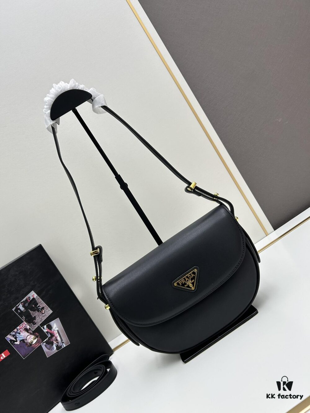 Box Included Authentic French Purchase Prada Arqué Leather Crossbody Bag for Women with Classic Metal Logo, 23-16-6 cm