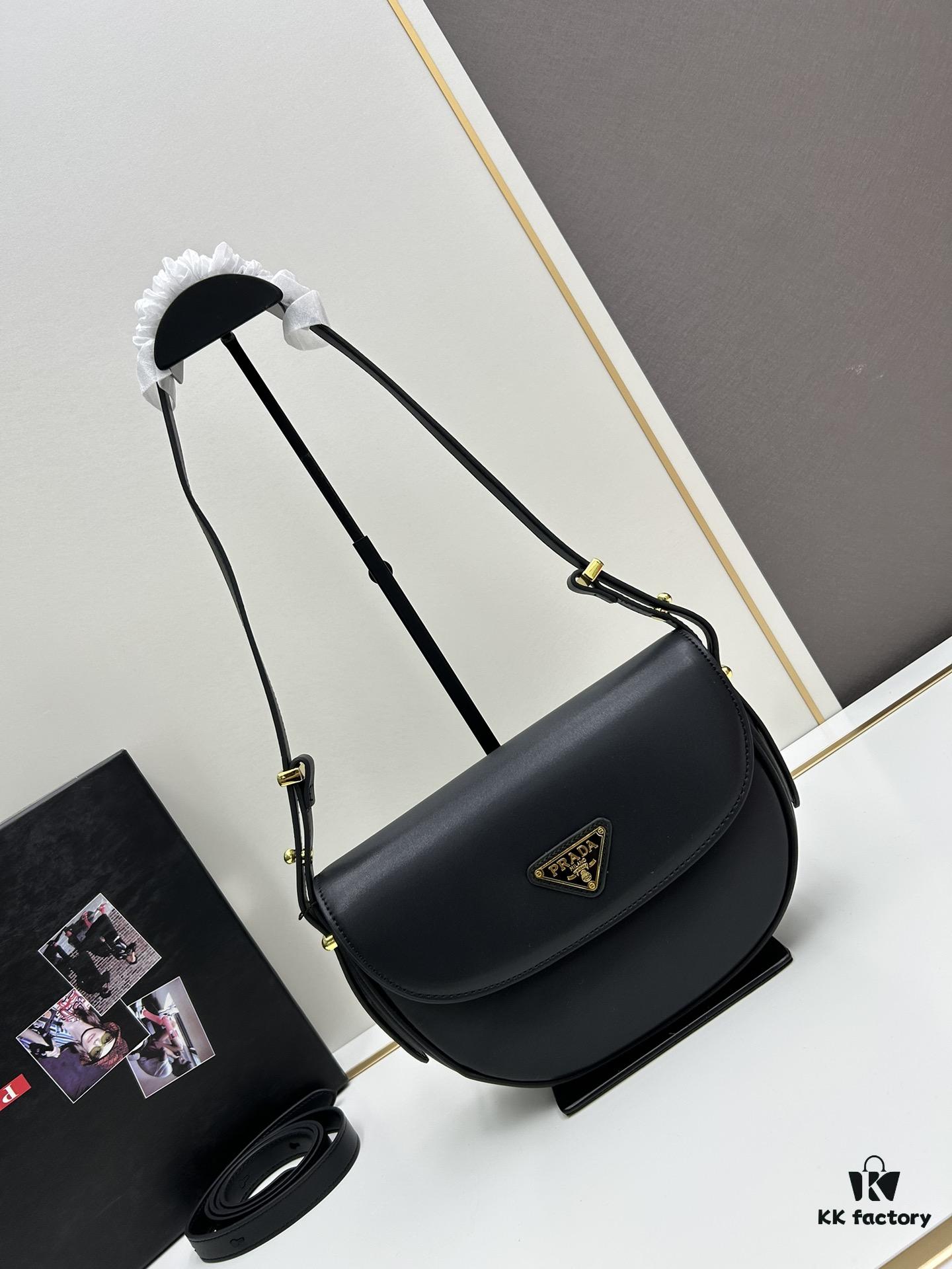 Box Included Authentic French Purchase Prada Arqué Leather Crossbody Bag for Women with Classic Metal Logo, 23-16-6 cm