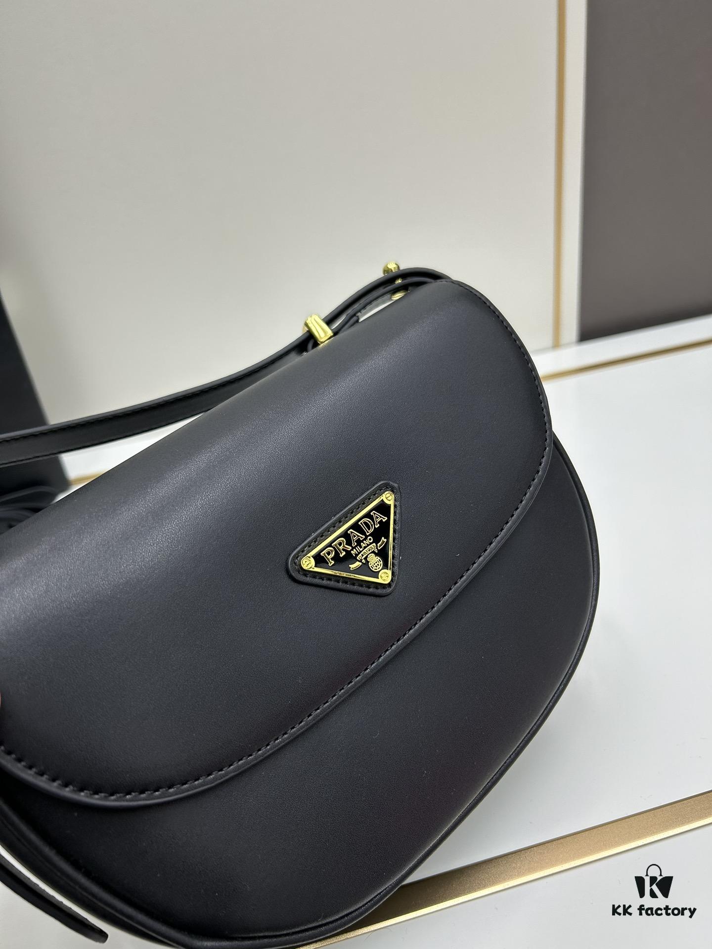 Box Included Authentic French Purchase Prada Arqué Leather Crossbody Bag for Women with Classic Metal Logo, 23-16-6 cm