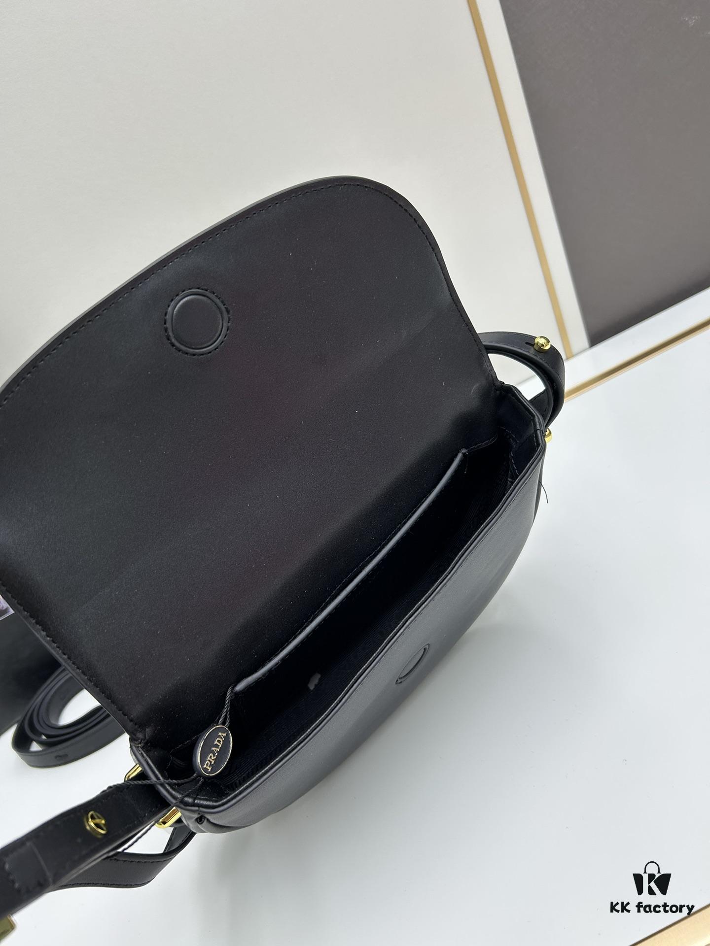 Box Included Authentic French Purchase Prada Arqué Leather Crossbody Bag for Women with Classic Metal Logo, 23-16-6 cm