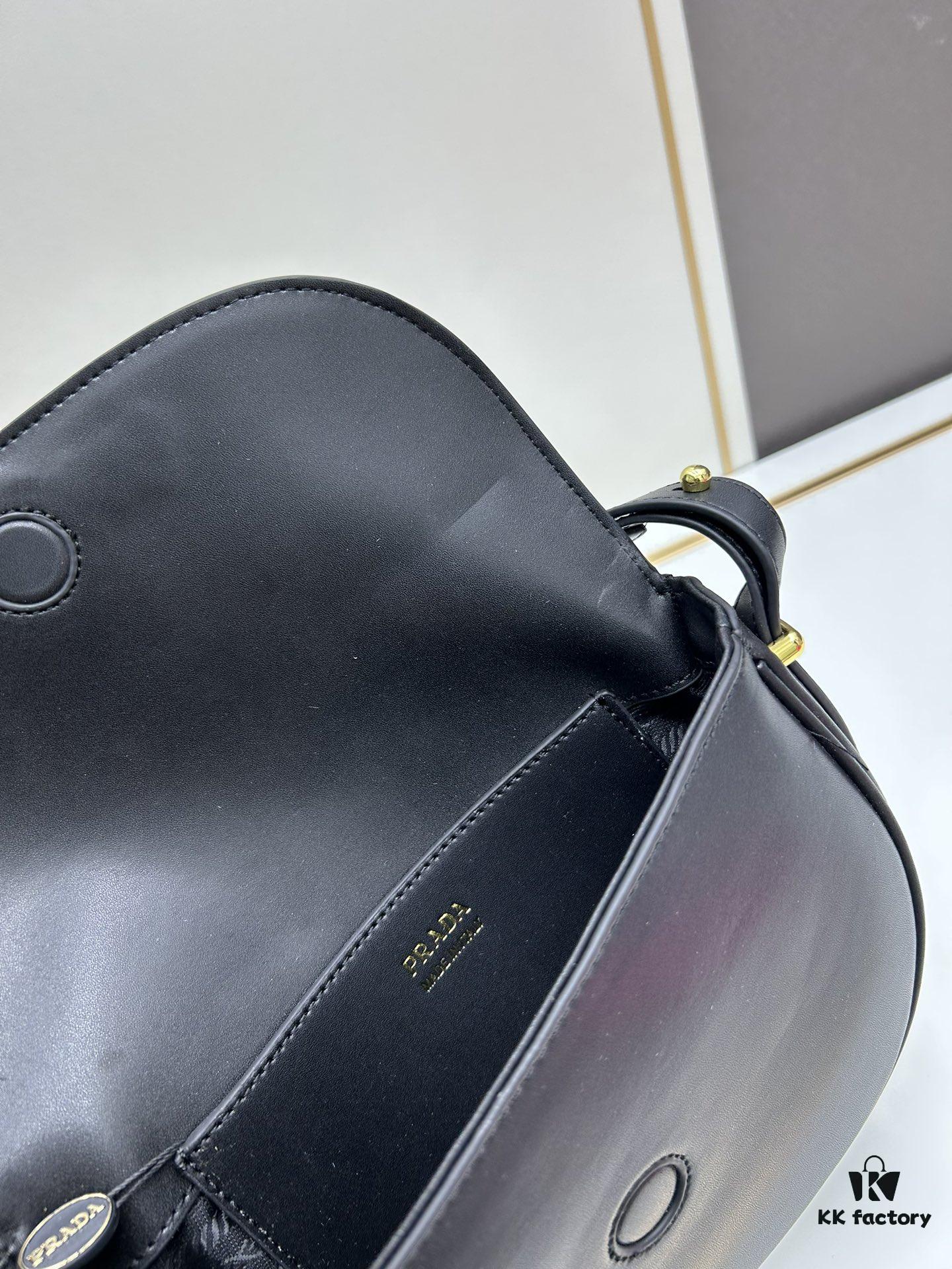 Box Included Authentic French Purchase Prada Arqué Leather Crossbody Bag for Women with Classic Metal Logo, 23-16-6 cm