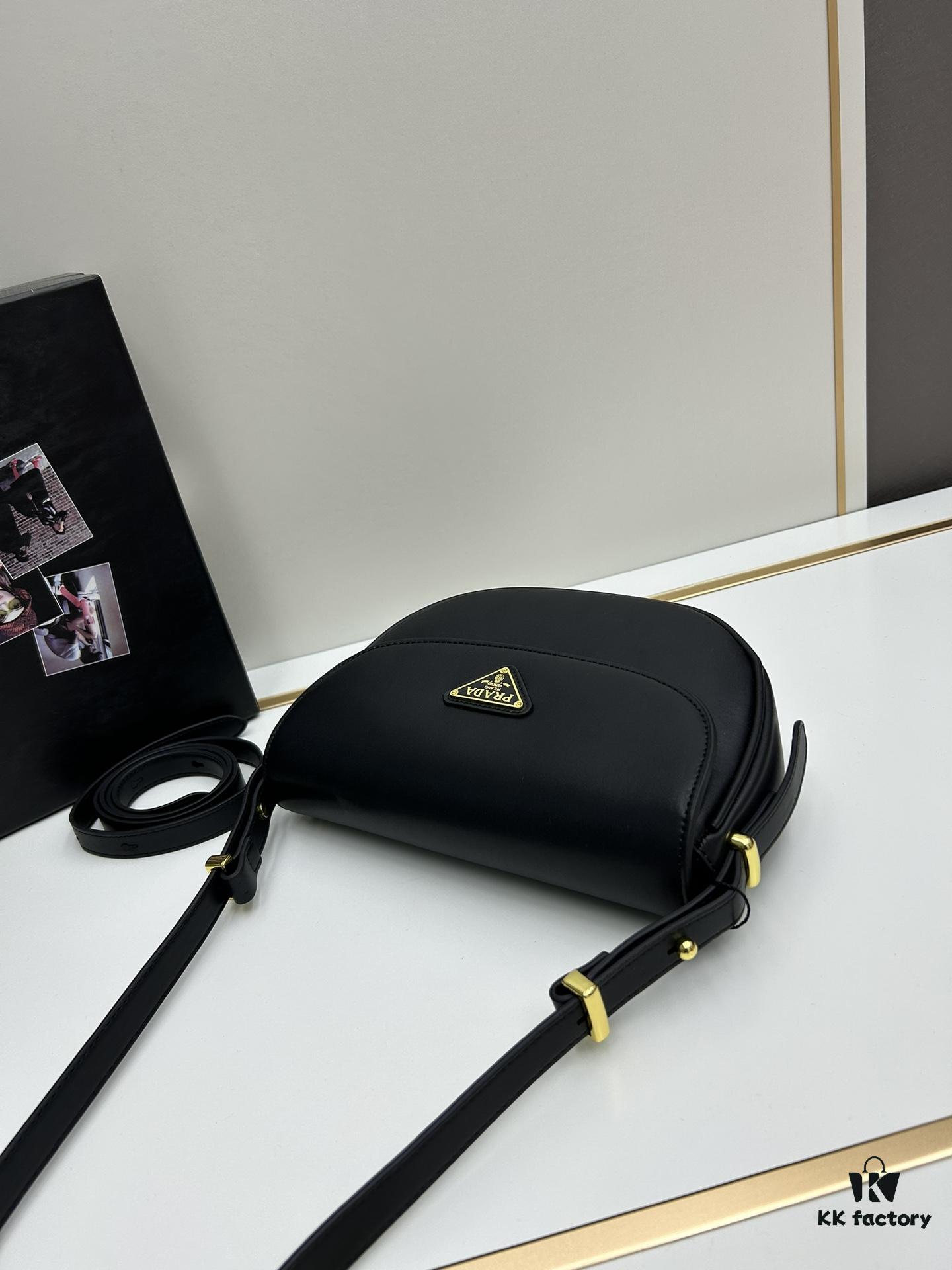 Box Included Authentic French Purchase Prada Arqué Leather Crossbody Bag for Women with Classic Metal Logo, 23-16-6 cm