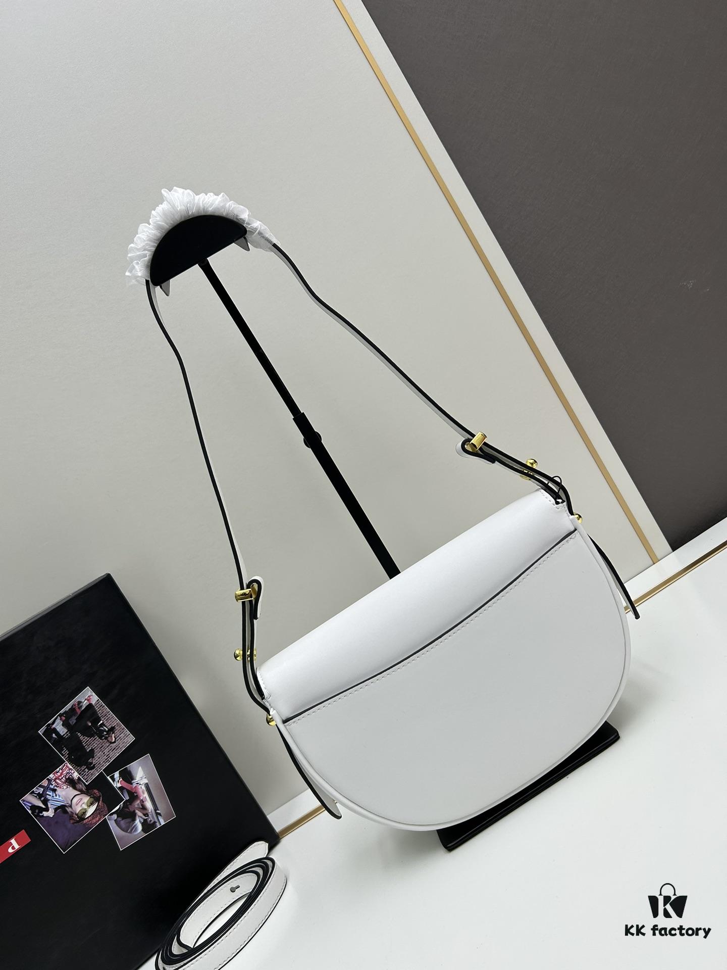 Box Included Authentic French Purchase Prada Arqué Leather Crossbody Bag for Women with Metal Logo, 23-16-6 cm