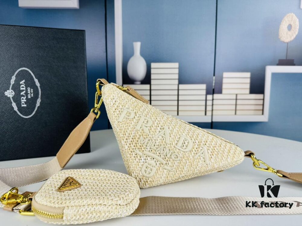 Prada Raffia Woven Triangle Bag with Box, 3D Logo, Lightweight Structured Design, Thin Strap, Adjustable Double Lengths, Can Be Worn as Crossbody, Shoulder or Underarm Bag, Includes Metal Chain for Elevated Elegance, Handheld Style, Size 25x13x10, Model No. 2425
