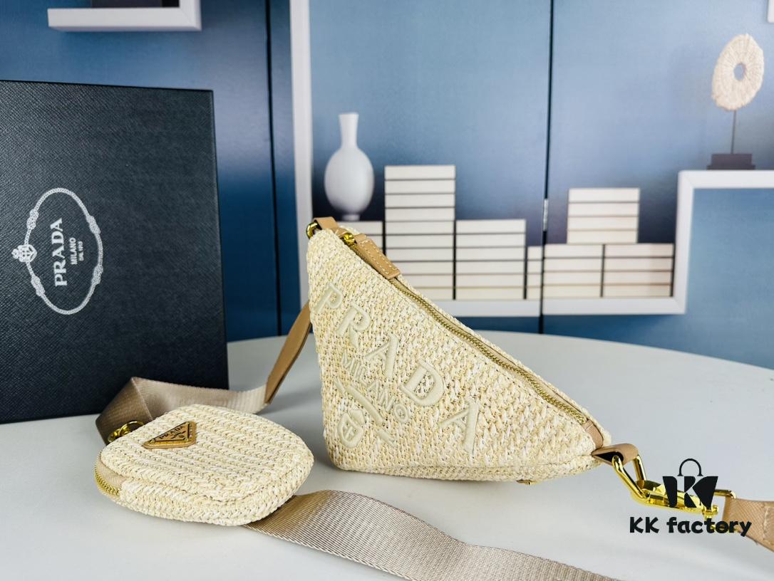 Prada Raffia Woven Triangle Bag with Box, 3D Logo, Lightweight Structured Design, Thin Strap, Adjustable Double Lengths, Can Be Worn as Crossbody, Shoulder or Underarm Bag, Includes Metal Chain for Elevated Elegance, Handheld Style, Size 25x13x10, Model No. 2425