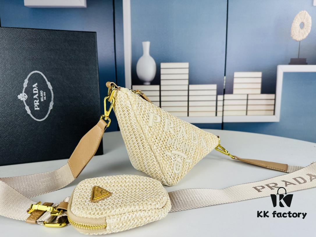 Prada Raffia Woven Triangle Bag with Box, 3D Logo, Lightweight Structured Design, Thin Strap, Adjustable Double Lengths, Can Be Worn as Crossbody, Shoulder or Underarm Bag, Includes Metal Chain for Elevated Elegance, Handheld Style, Size 25x13x10, Model No. 2425