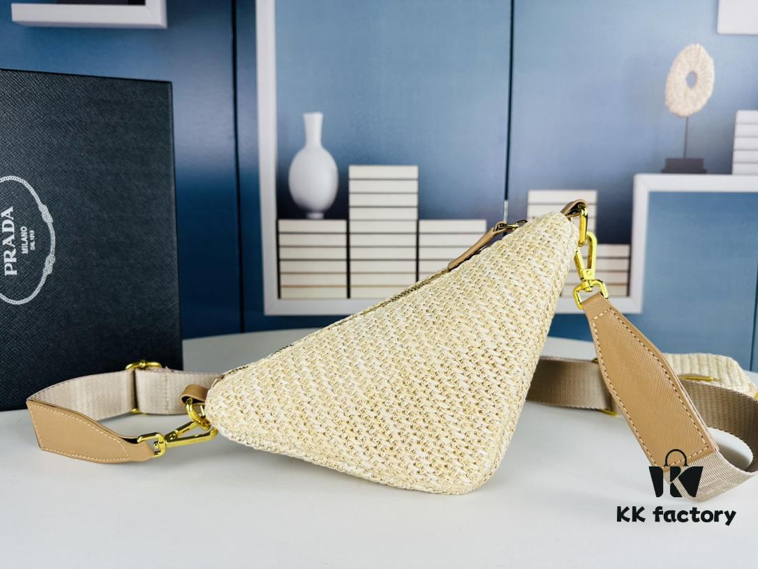Prada Raffia Woven Triangle Bag with Box, 3D Logo, Lightweight Structured Design, Thin Strap, Adjustable Double Lengths, Can Be Worn as Crossbody, Shoulder or Underarm Bag, Includes Metal Chain for Elevated Elegance, Handheld Style, Size 25x13x10, Model No. 2425