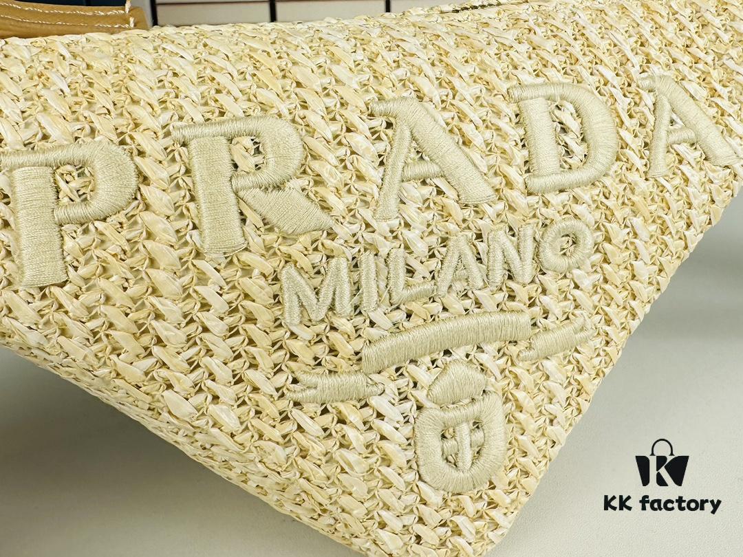 Prada Raffia Woven Triangle Bag with Box, 3D Logo, Lightweight Structured Design, Thin Strap, Adjustable Double Lengths, Can Be Worn as Crossbody, Shoulder or Underarm Bag, Includes Metal Chain for Elevated Elegance, Handheld Style, Size 25x13x10, Model No. 2425