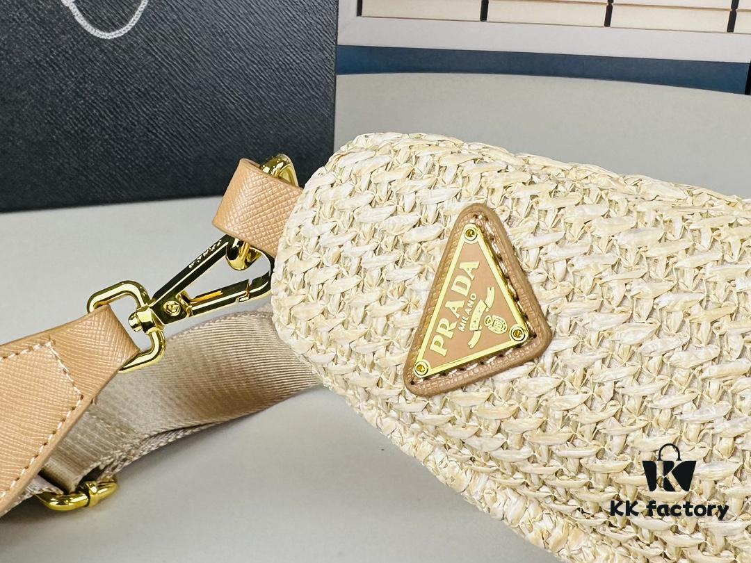 Prada Raffia Woven Triangle Bag with Box, 3D Logo, Lightweight Structured Design, Thin Strap, Adjustable Double Lengths, Can Be Worn as Crossbody, Shoulder or Underarm Bag, Includes Metal Chain for Elevated Elegance, Handheld Style, Size 25x13x10, Model No. 2425
