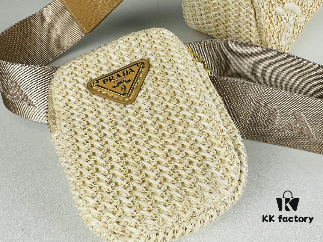 Prada Raffia Woven Triangle Bag with Box, 3D Logo, Lightweight Structured Design, Thin Strap, Adjustable Double Lengths, Can Be Worn as Crossbody, Shoulder or Underarm Bag, Includes Metal Chain for Elevated Elegance, Handheld Style, Size 25x13x10, Model No. 2425