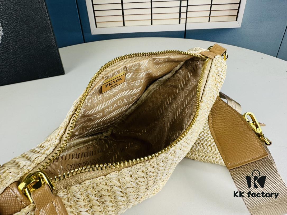 Prada Raffia Woven Triangle Bag with Box, 3D Logo, Lightweight Structured Design, Thin Strap, Adjustable Double Lengths, Can Be Worn as Crossbody, Shoulder or Underarm Bag, Includes Metal Chain for Elevated Elegance, Handheld Style, Size 25x13x10, Model No. 2425