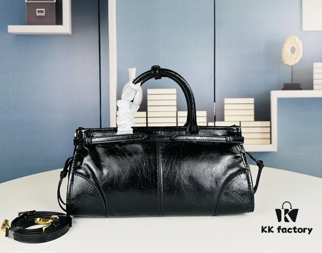 PRADA New Arrival Vintage Style Black Wax Leather Tote Bag