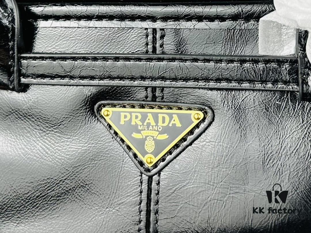 PRADA New Arrival Vintage Style Black Wax Leather Tote Bag