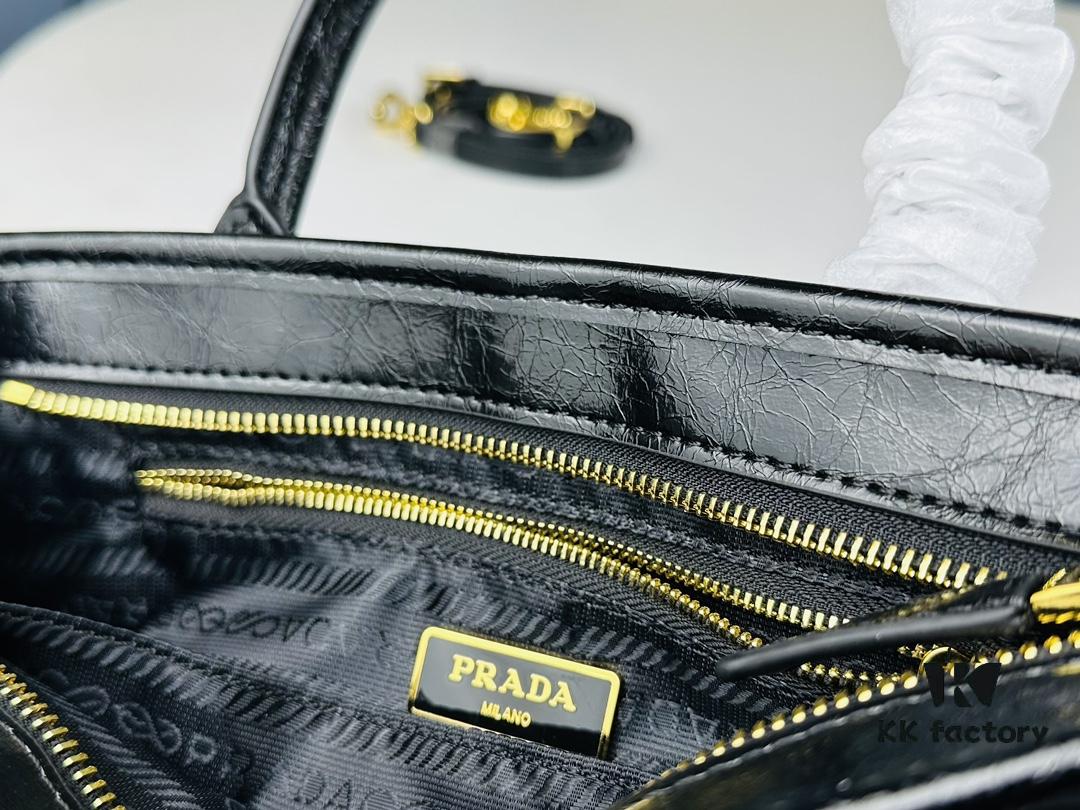 PRADA New Arrival Vintage Style Black Wax Leather Tote Bag