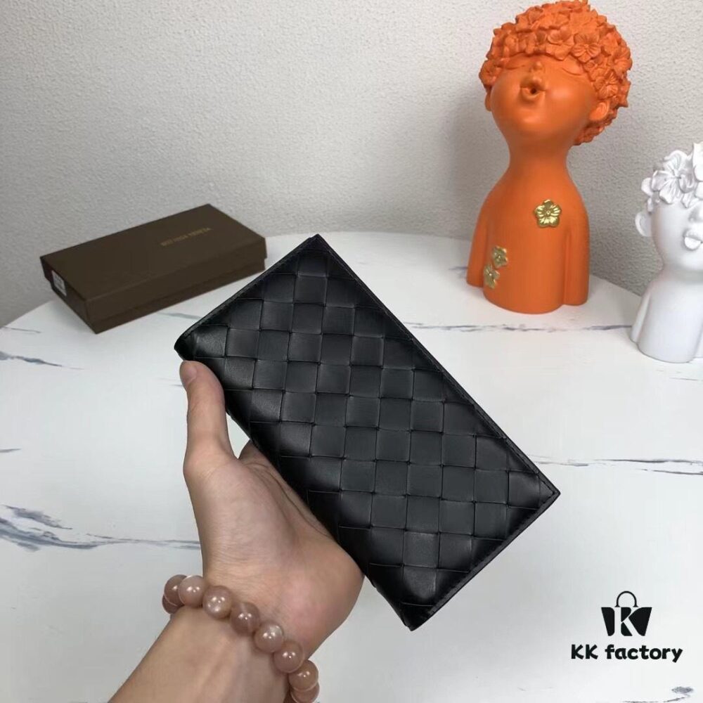 Bv🦋 Braided Wallet Long Style, Top-Grade Imported Waxed Cowhide 🐂, Handcrafted Weaving, Soft and Orderly, Fashionable and Minimalist, Excellent Craftsmanship, 10 Card Slots ✅ Model: 305# (Medium Weave), Color: Black, Size: 18.5*9.5*2cm