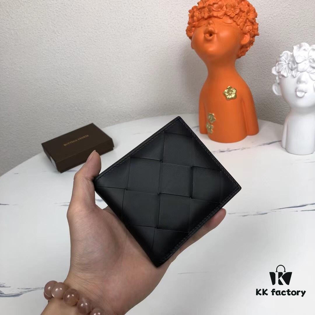 Bv🦋 Woven Wallet Short Style, Premium Imported Wax Cowhide, Handcrafted Braid, Minimalist Fashion Design, Excellent Craftsmanship, 8 Card Slots ✅ Model: 8855# (Large Braid), Color: Black, Size: 11.5*10*2cm