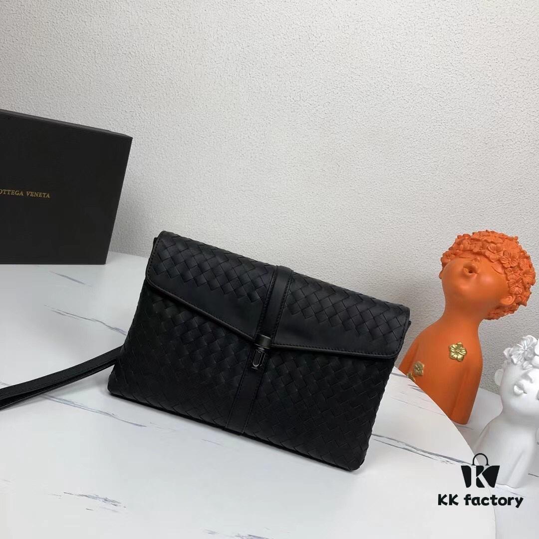 Bv Casual Clutch with Box 😎 Premium Imported Waxed Cowhide, Unique Design, Exquisite Craftsmanship, Elegant and Sophisticated - Model No. 6691#, Black, 27x18x4cm