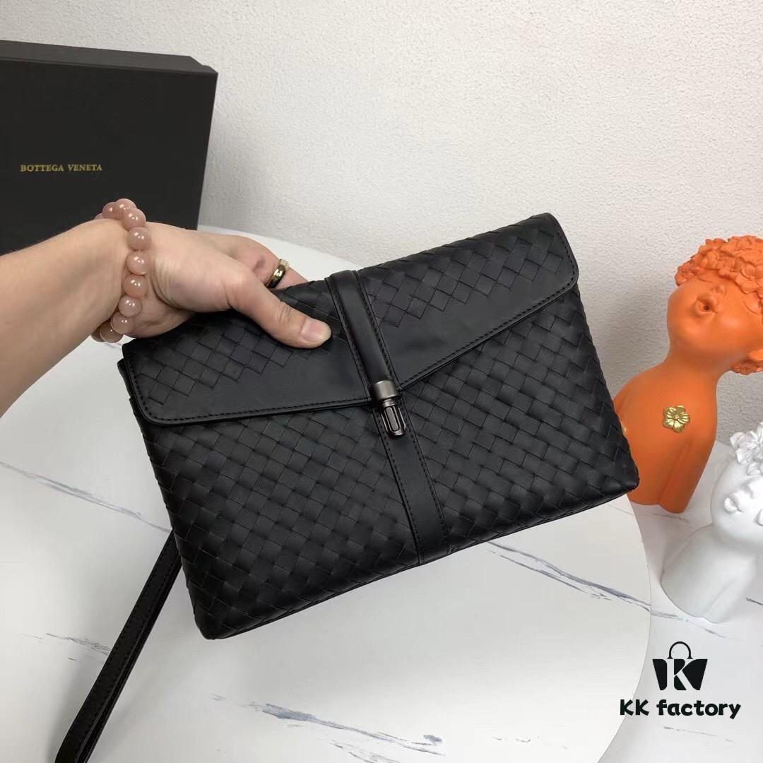 Bv Casual Clutch with Box 😎 Premium Imported Waxed Cowhide, Unique Design, Exquisite Craftsmanship, Elegant and Sophisticated - Model No. 6691#, Black, 27x18x4cm
