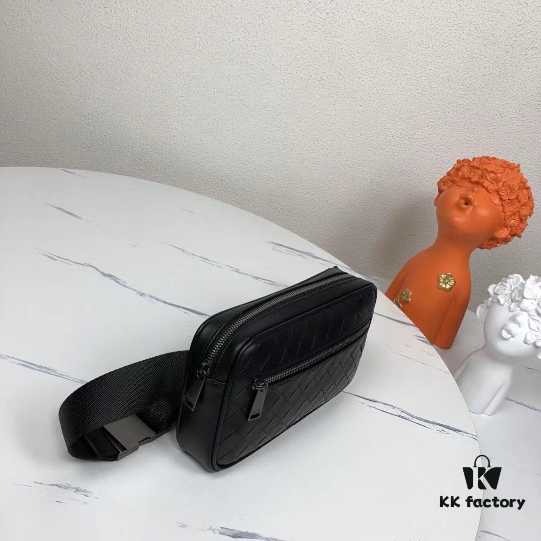 BV New Arrival Woven Leather Compact Waist Bag ✅ Linear Waist Pouch Made from Imported Waxed Calfskin with Signature Intrecciato 15 Weave, Top Zip Closure, Front Zip Pocket, Interior Phone Compartment, and Adjustable Strap