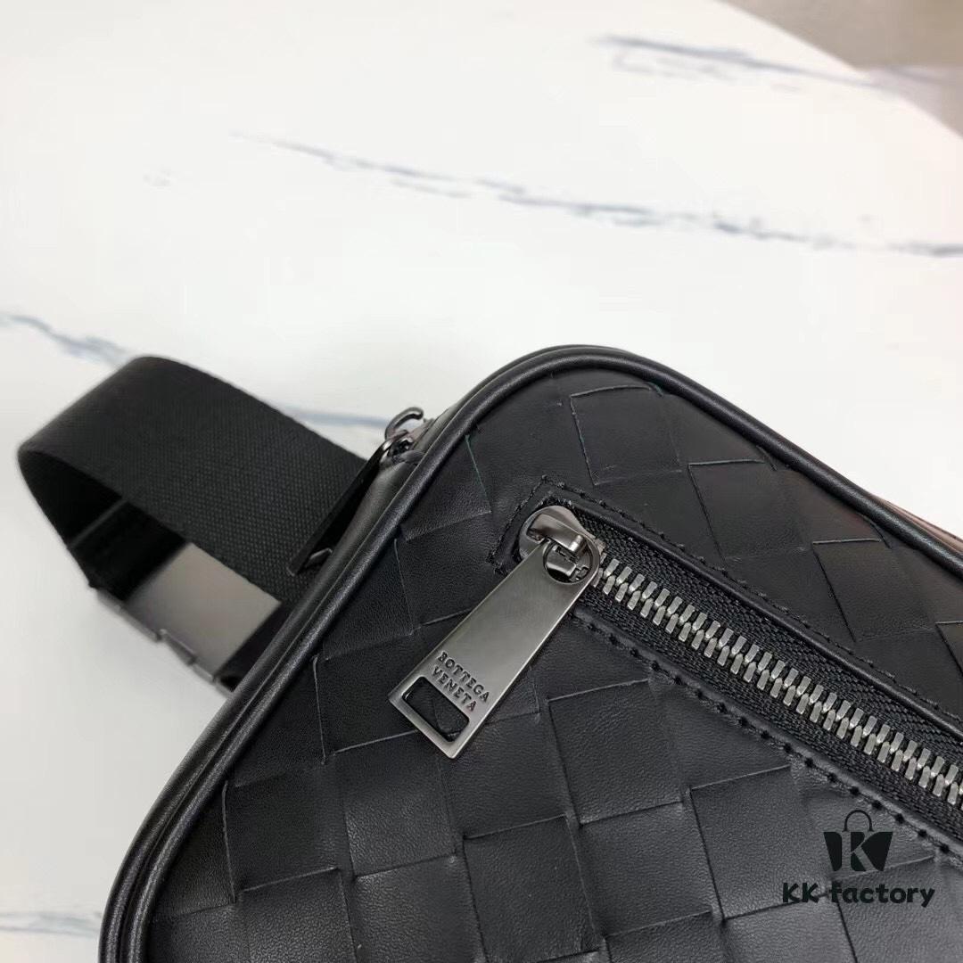 BV New Arrival Woven Leather Compact Waist Bag ✅ Linear Waist Pouch Made from Imported Waxed Calfskin with Signature Intrecciato 15 Weave, Top Zip Closure, Front Zip Pocket, Interior Phone Compartment, and Adjustable Strap