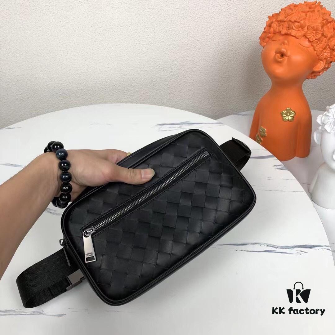 BV New Arrival Woven Leather Compact Waist Bag ✅ Linear Waist Pouch Made from Imported Waxed Calfskin with Signature Intrecciato 15 Weave, Top Zip Closure, Front Zip Pocket, Interior Phone Compartment, and Adjustable Strap