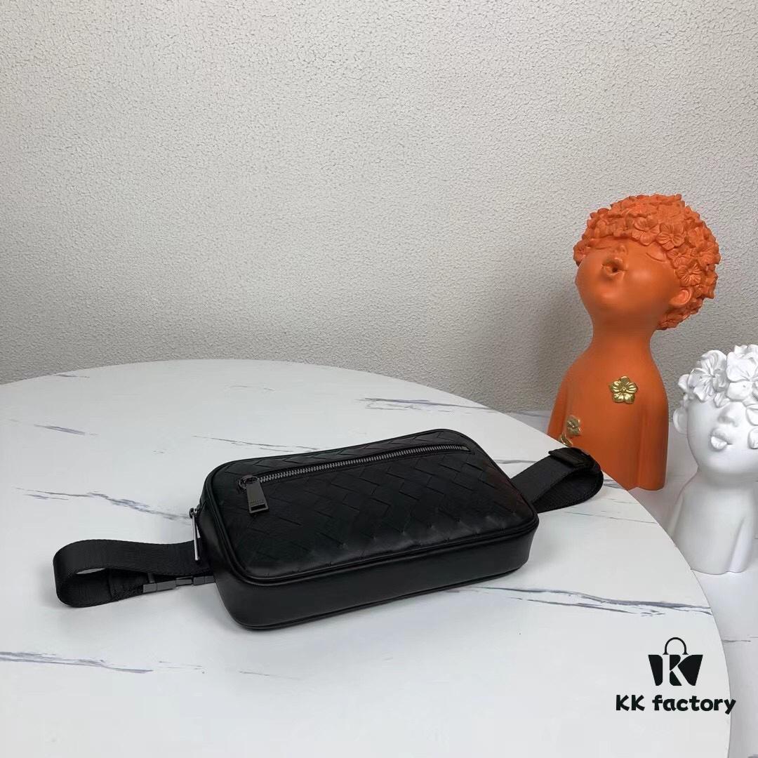 BV New Arrival Woven Leather Compact Waist Bag ✅ Linear Waist Pouch Made from Imported Waxed Calfskin with Signature Intrecciato 15 Weave, Top Zip Closure, Front Zip Pocket, Interior Phone Compartment, and Adjustable Strap