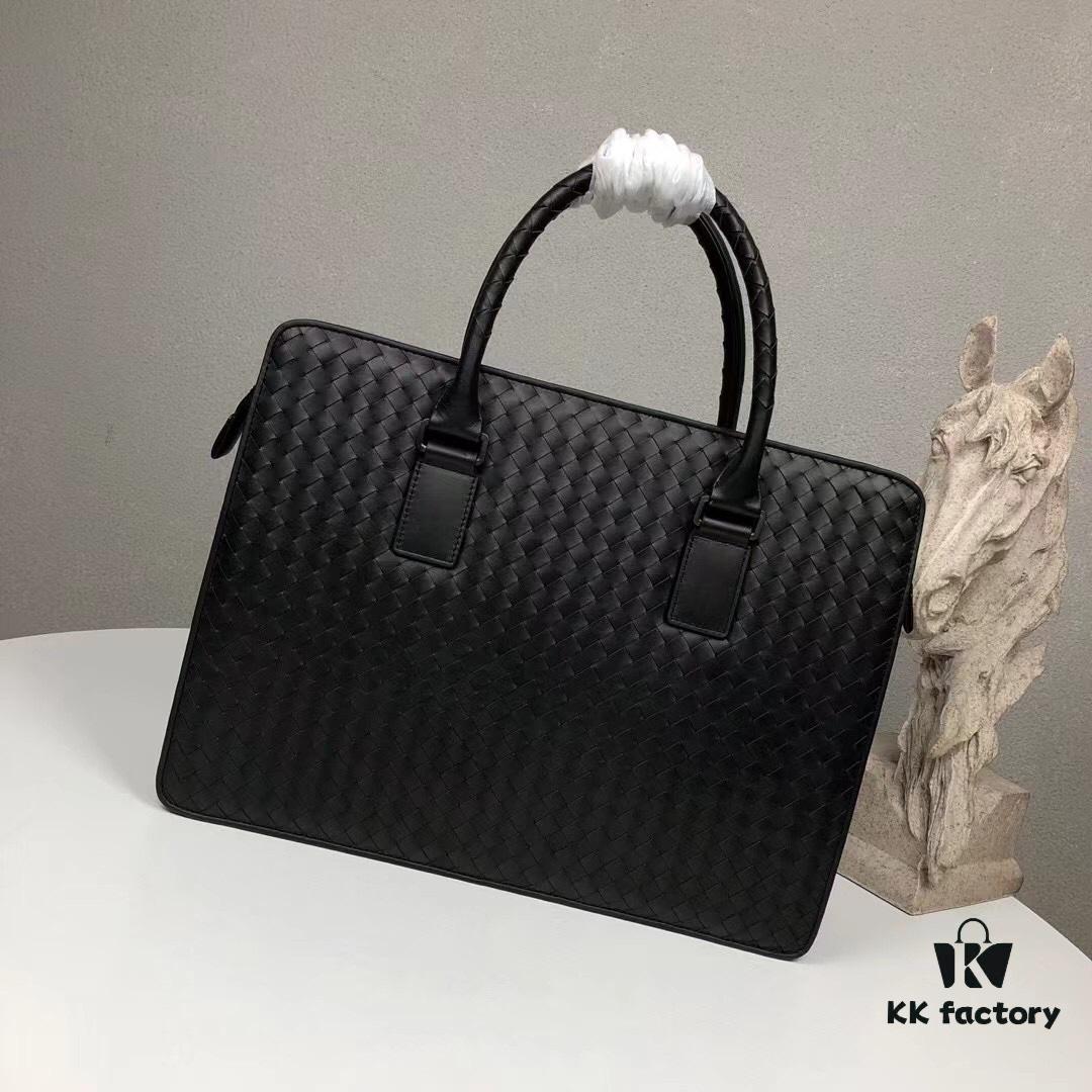 Bv Men's Briefcase Handbag - Imported Waxed Leather Woven Design with Silver-Tone Clasp, European Style Lining