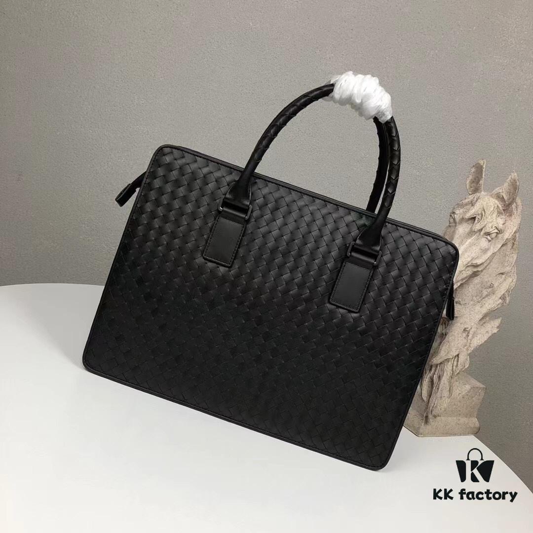 Bv Men's Briefcase Handbag - Imported Waxed Leather Woven Design with Silver-Tone Clasp, European Style Lining