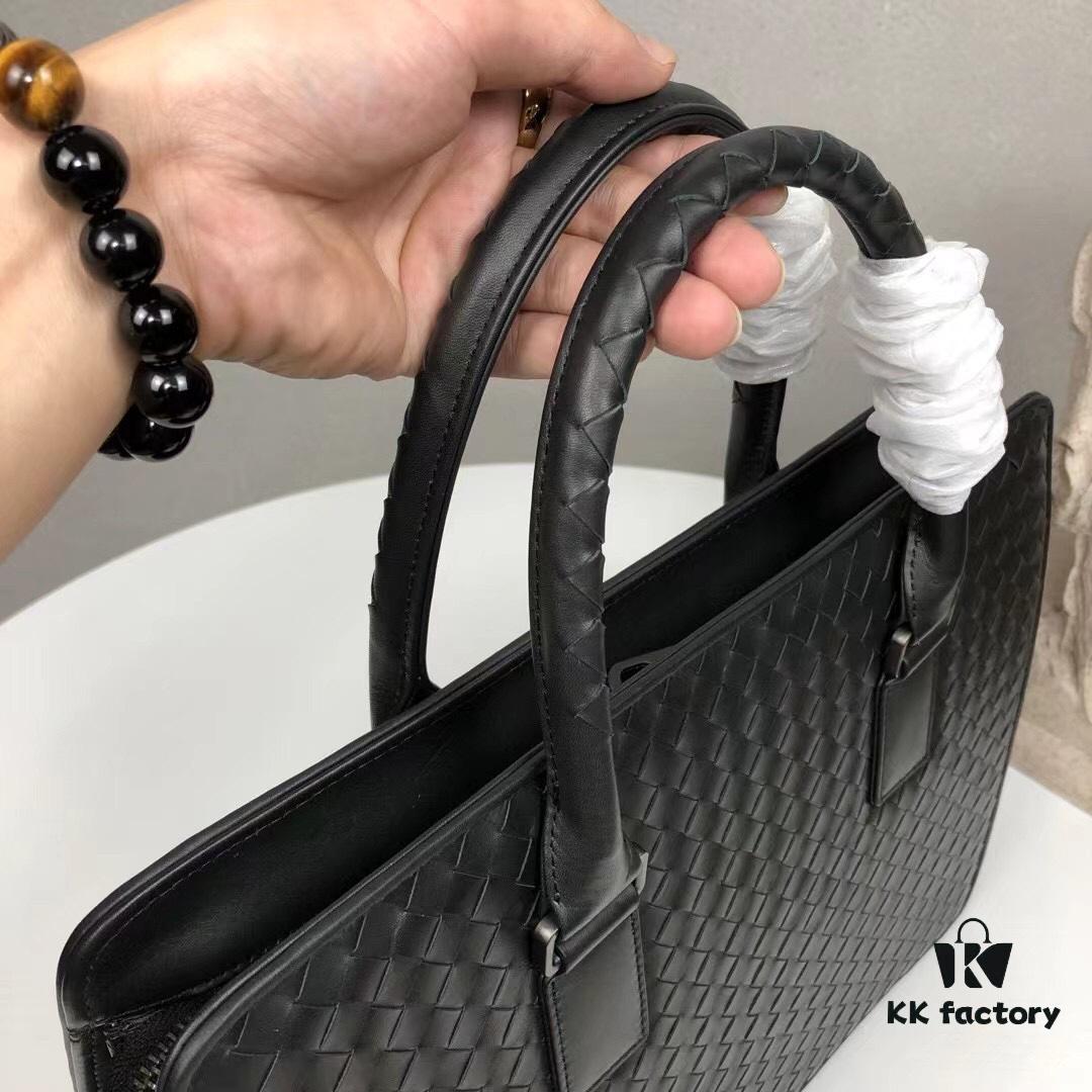 Bv Men's Briefcase Handbag - Imported Waxed Leather Woven Design with Silver-Tone Clasp, European Style Lining