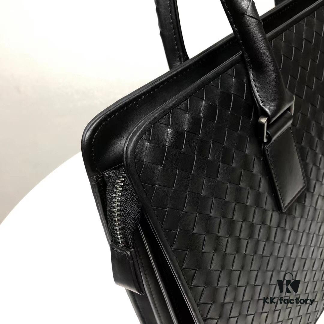 Bv Men's Briefcase Handbag - Imported Waxed Leather Woven Design with Silver-Tone Clasp, European Style Lining