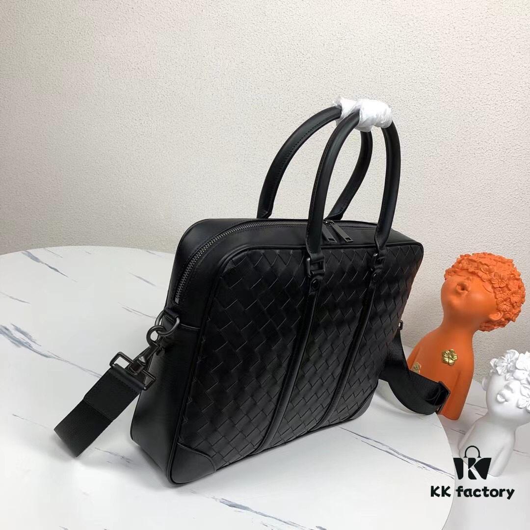 BV Men's Business Briefcase Handbag, Imported Waxed Cowhide Woven Design with Silver-Tone Hardware, Latest European Style Lining, Fashionable and Casual