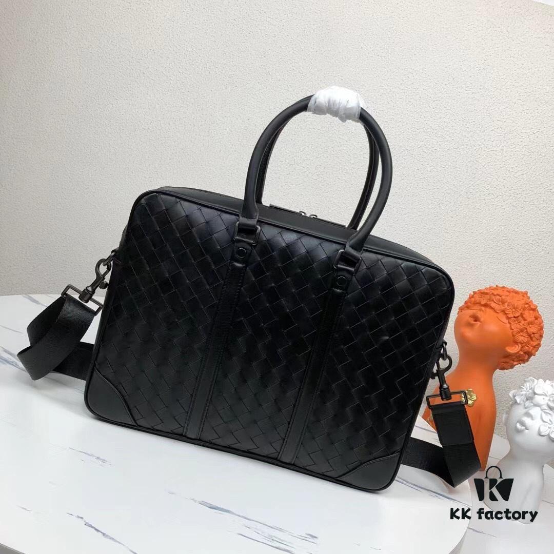 BV Men's Business Briefcase Handbag, Imported Waxed Cowhide Woven Design with Silver-Tone Hardware, Latest European Style Lining, Fashionable and Casual