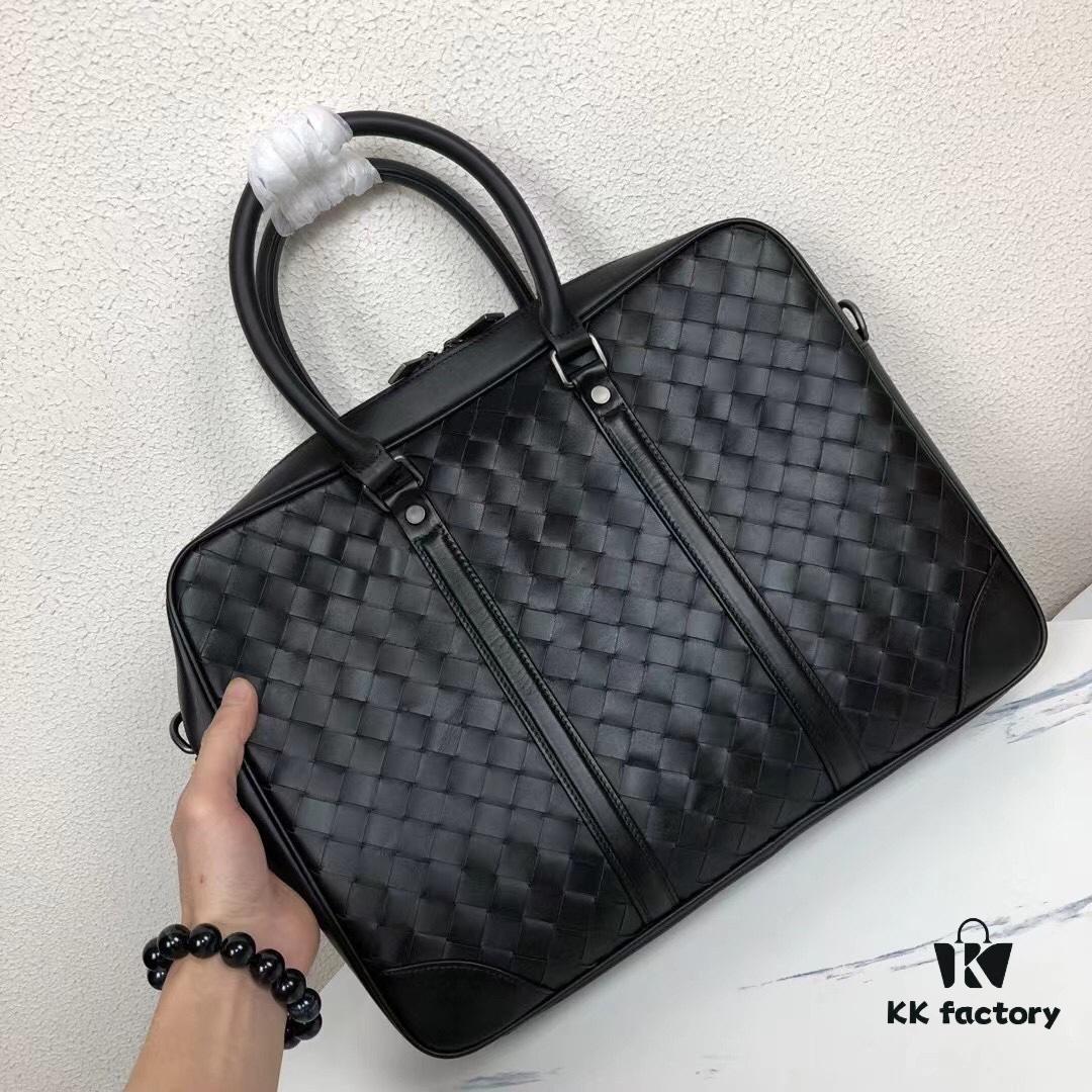 BV Men's Business Briefcase Handbag, Imported Waxed Cowhide Woven Design with Silver-Tone Hardware, Latest European Style Lining, Fashionable and Casual
