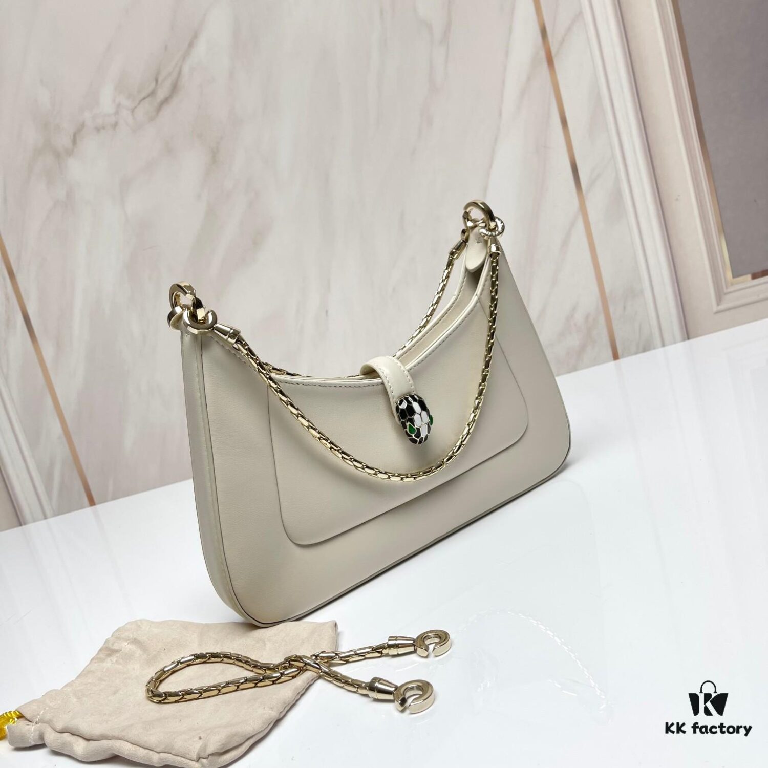 BVLGARI SERPENTI BAIA Small Shoulder Bag in Textured Silver Calfskin with Snake-Head Clasp