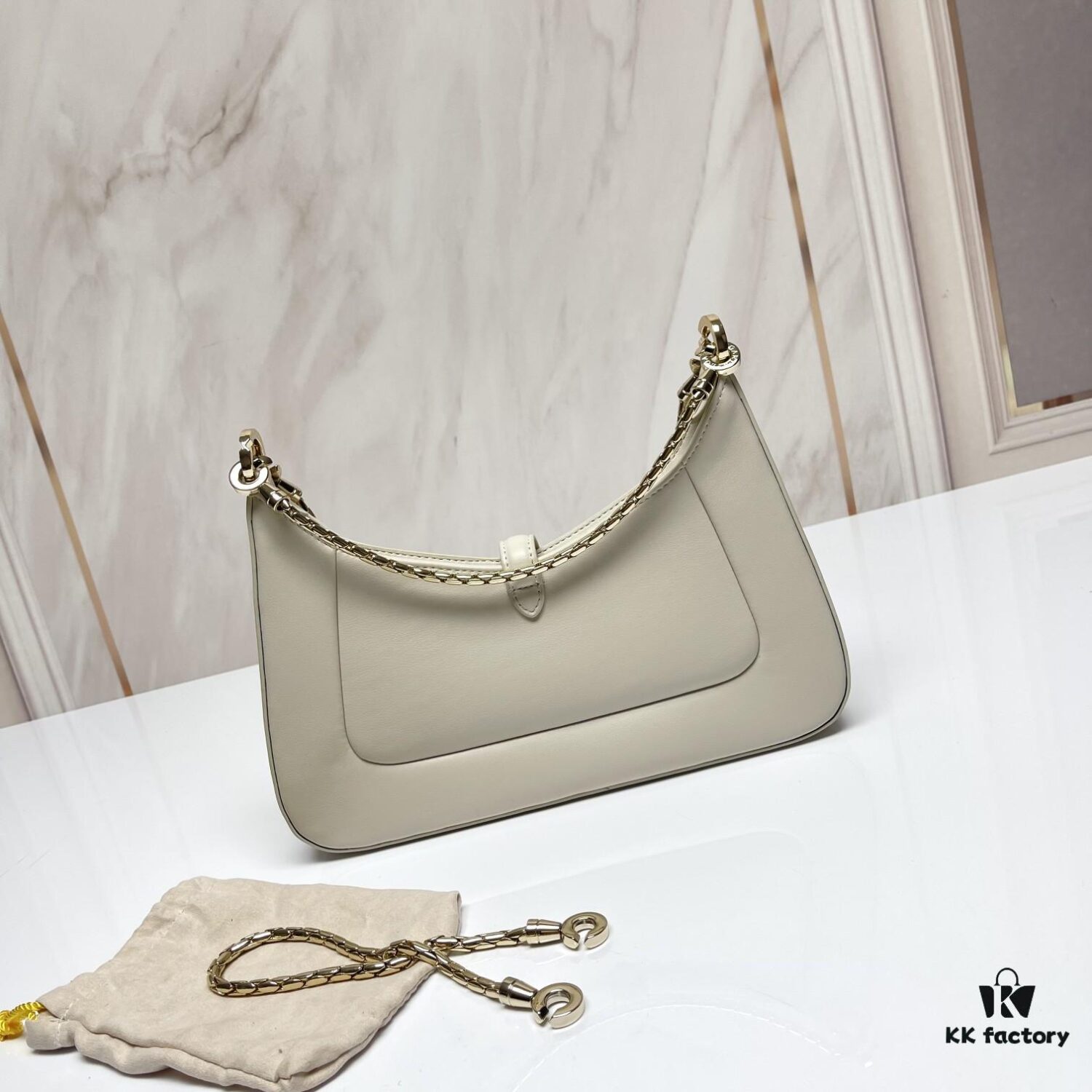 BVLGARI SERPENTI BAIA Small Shoulder Bag in Textured Silver Calfskin with Snake-Head Clasp