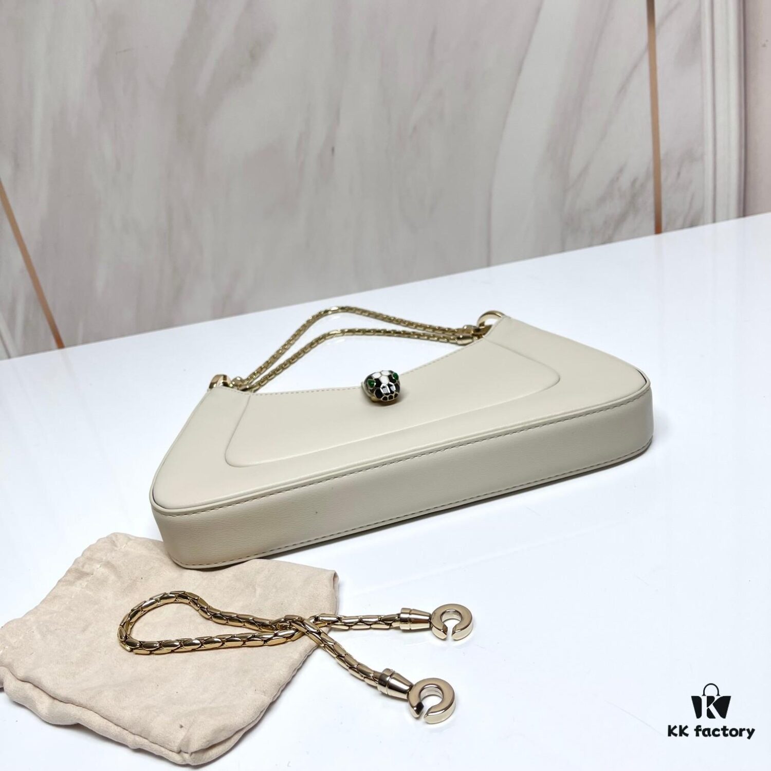 BVLGARI SERPENTI BAIA Small Shoulder Bag in Textured Silver Calfskin with Snake-Head Clasp