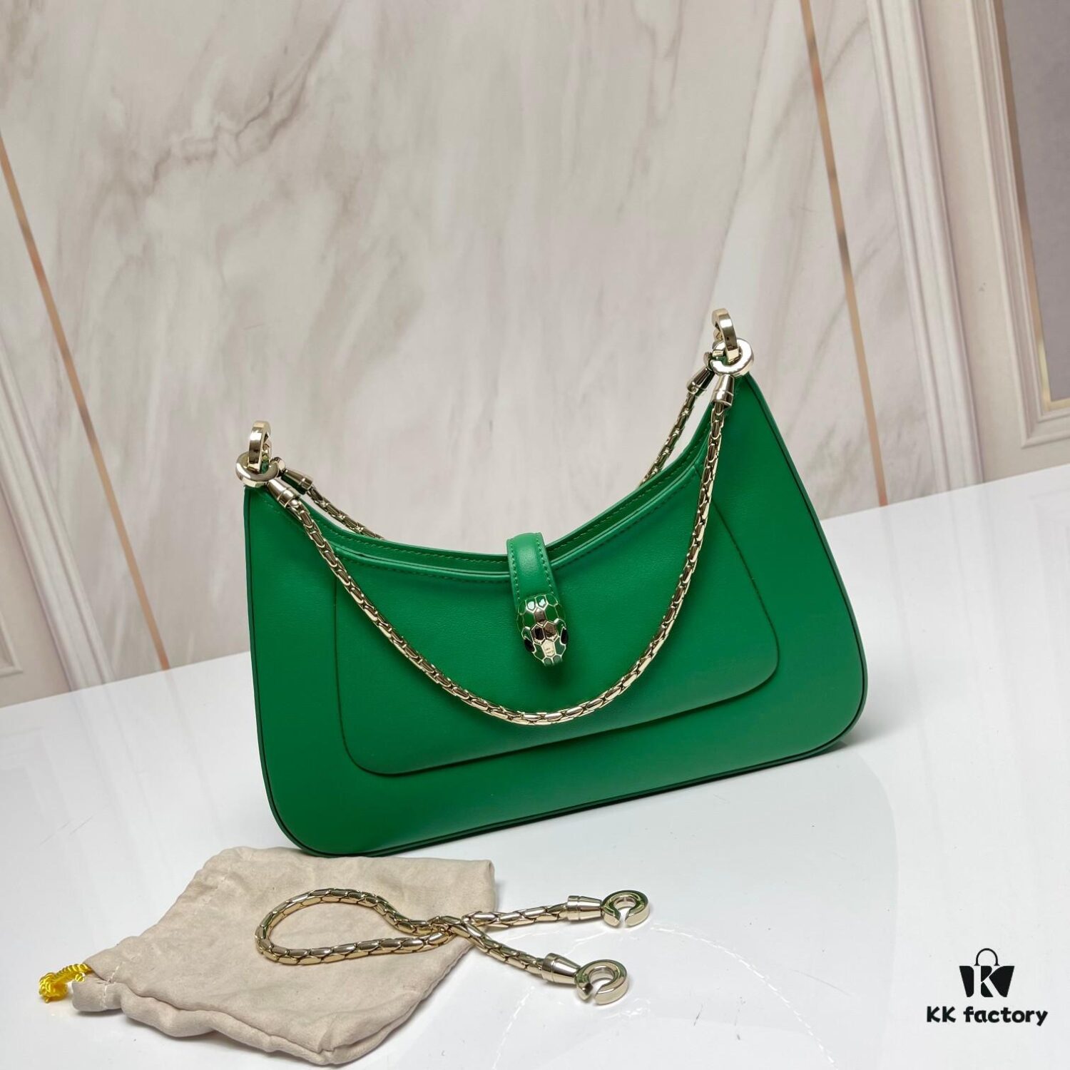 BVLGARI SERPENTI BAIA Small Shoulder Bag in Textured Silver Calfskin with Snake-Head Magnetic Clasp