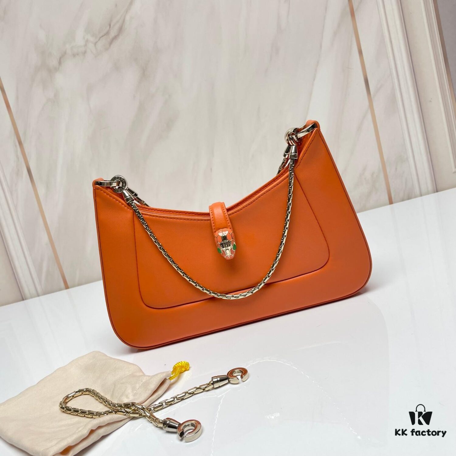 BVLGARI SERPENTI BAIA Small Shoulder Bag in Textured Silver Calfskin with Snake-Head Clasp