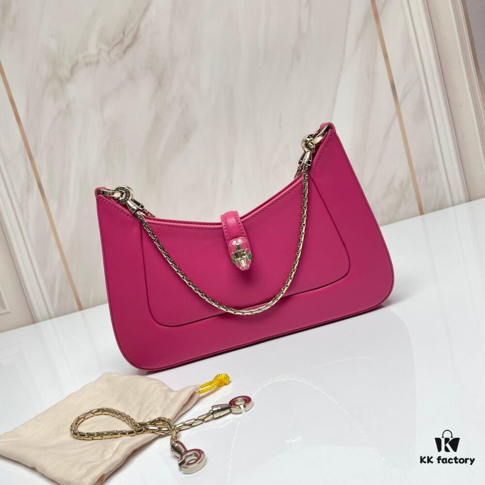 BVLGARI SERPENTI BAIA Small Shoulder Bag in Silvered Textured Calfskin with Snake-Head Clasp