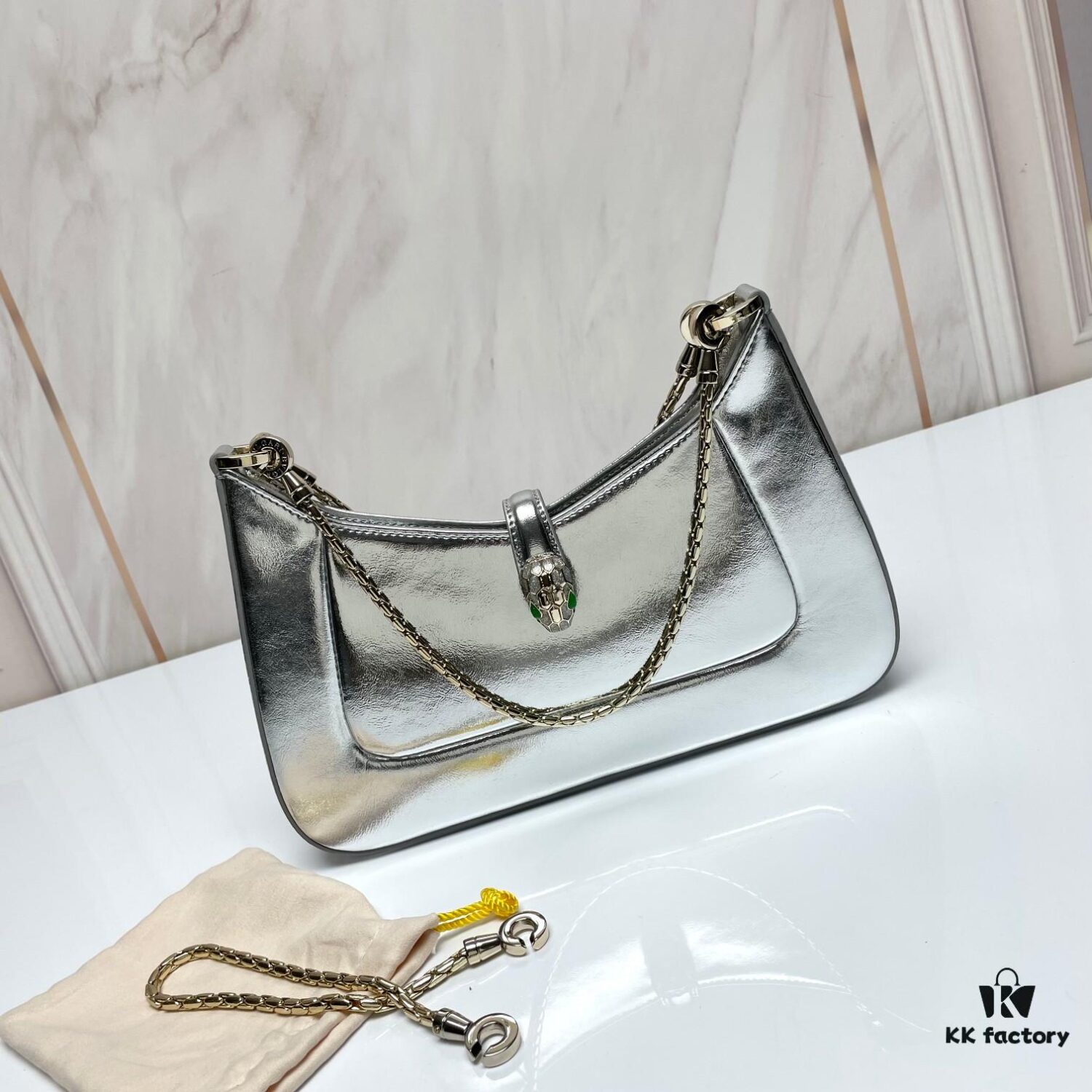 BVLGARI SERPENTI BAIA Small Shoulder Bag in Silver-Tone Textured Calfskin