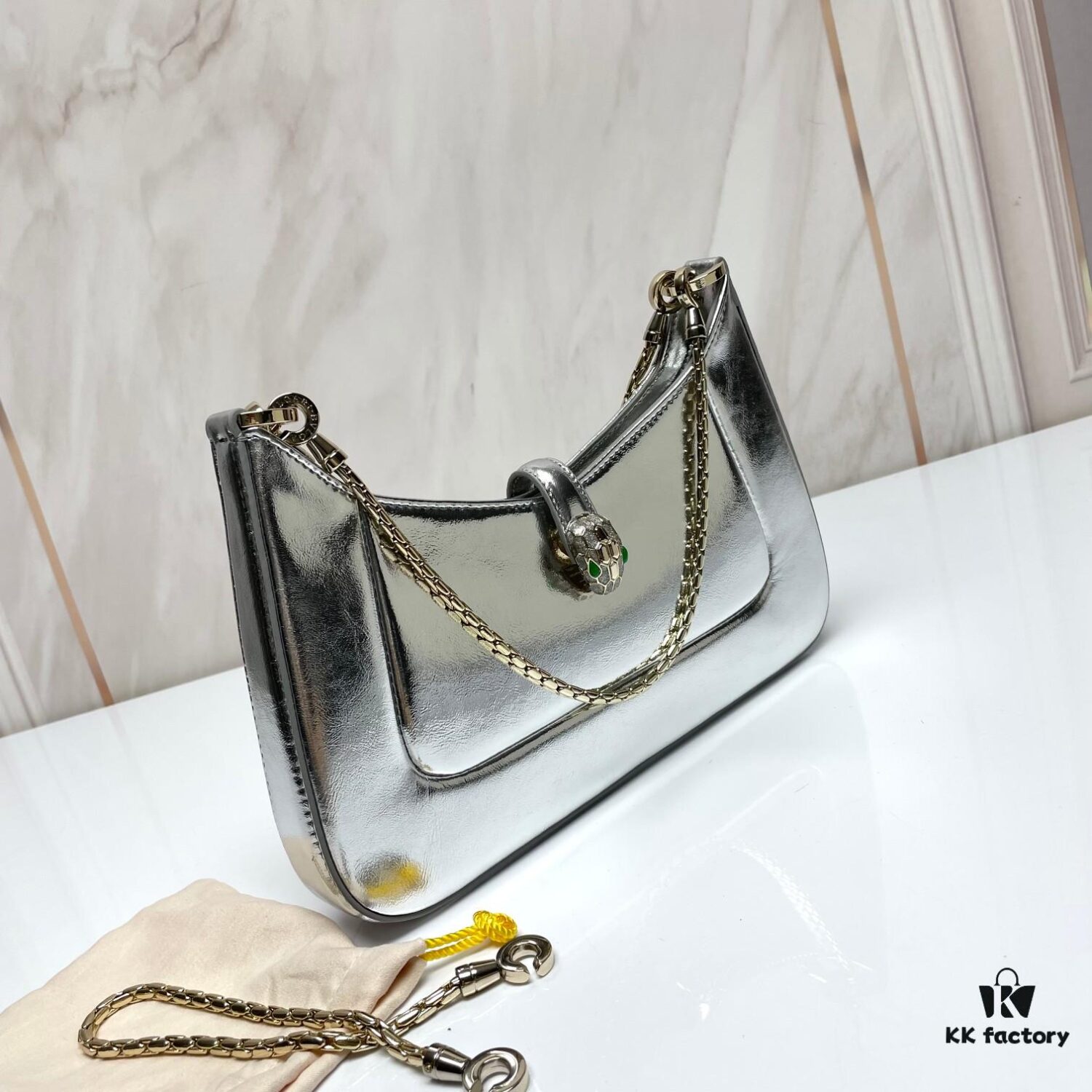 BVLGARI SERPENTI BAIA Small Shoulder Bag in Silver-Tone Textured Calfskin