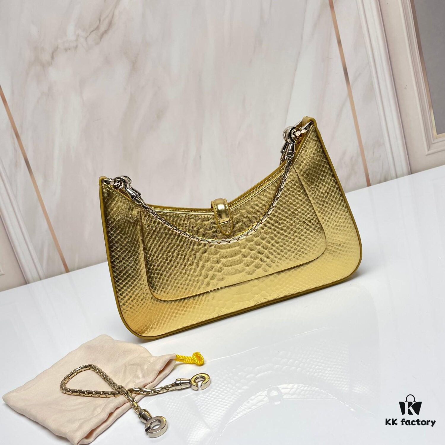 BVLGARI SERPENTI BAIA Small Shoulder Bag in Silver-Textured Calfskin with Snake Head Magnetic Clasp