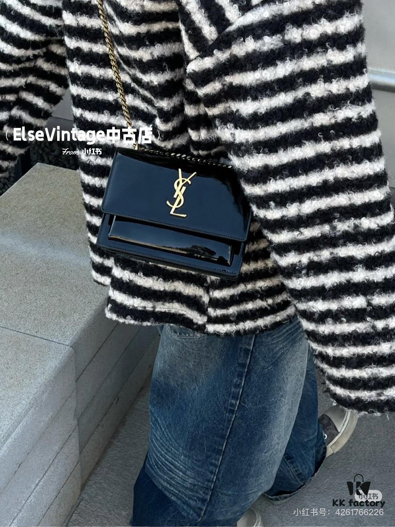 YSL Sunset Bag ✨ Genuine Leather with Chain Strap, Classic Accordion Design, Elegant Black and Gold Finish
