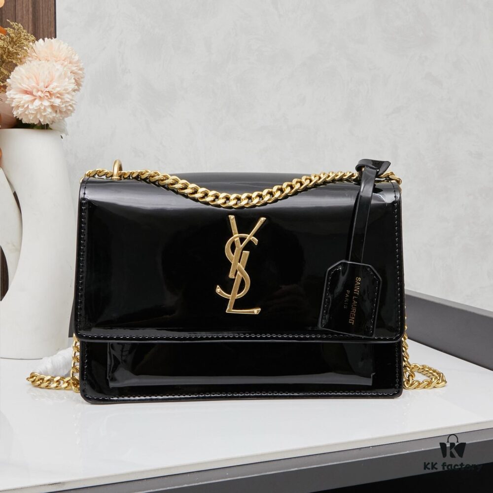 YSL Sunset Bag ✨ New Arrival with Box, Patent Leather Beauty, Iconic Accordion Design with Black-Gold Elegance