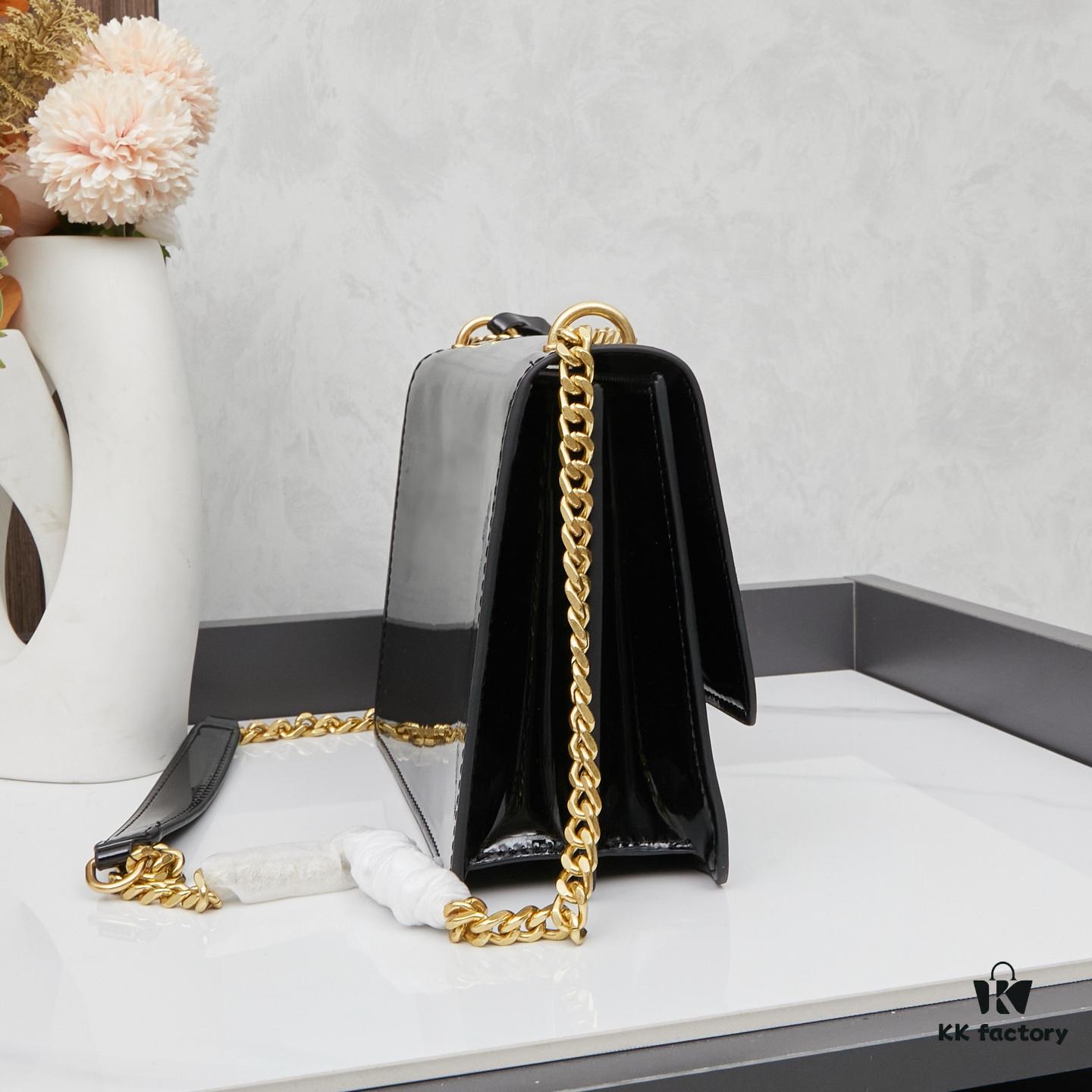 YSL Sunset Bag ✨ New Arrival with Box, Patent Leather Beauty, Iconic Accordion Design with Black-Gold Elegance