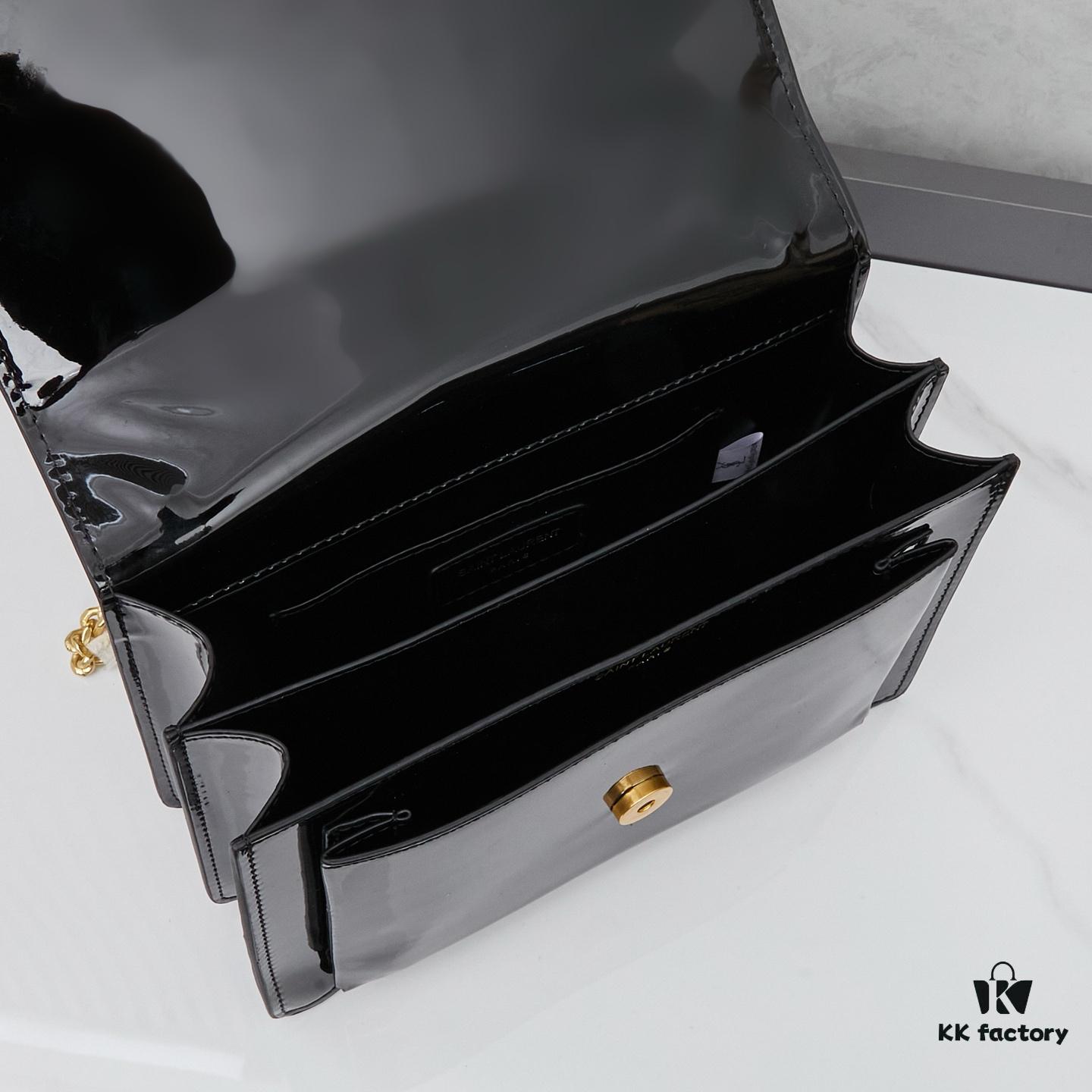 YSL Sunset Bag ✨ New Arrival with Box, Patent Leather Beauty, Iconic Accordion Design with Black-Gold Elegance