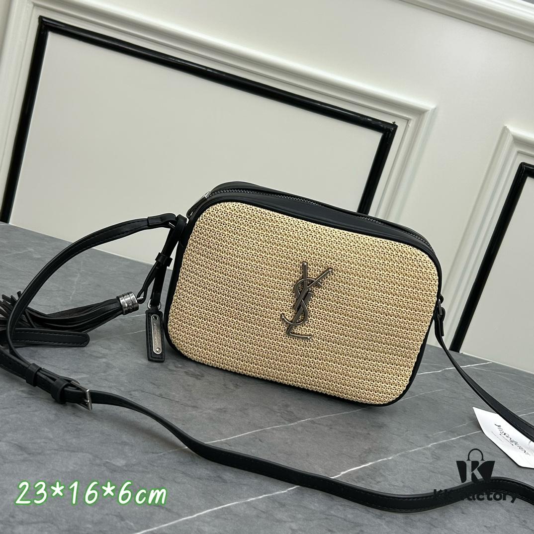 YSL Saint Laurent Black Woven Calfskin Lou Camera Bag with Box