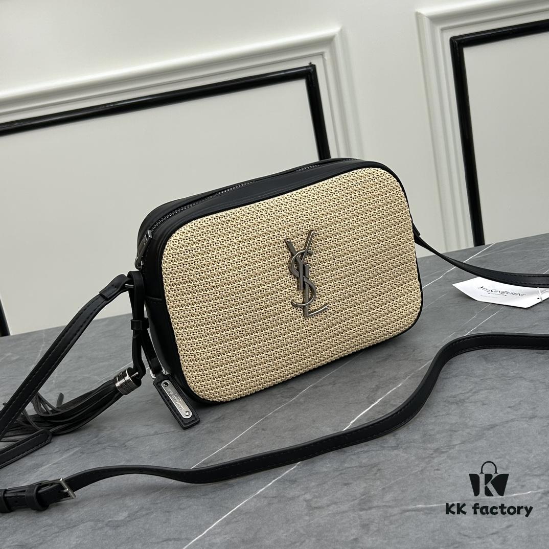 YSL Saint Laurent Black Woven Calfskin Lou Camera Bag with Box