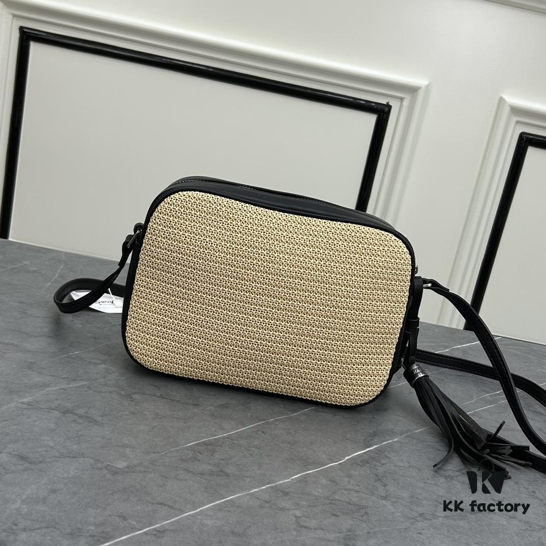 YSL Saint Laurent Black Woven Calfskin Lou Camera Bag with Box